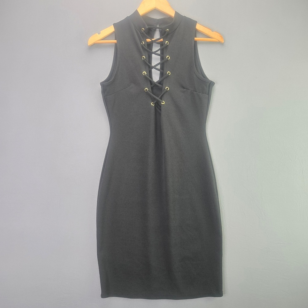 Unbranded Bodycon Mini Dress Lace Up Front Mock Neck Small Black Gold Grommet